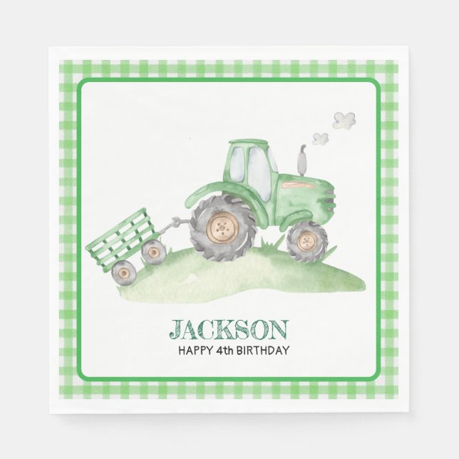 Green Tractor birthday napkins chequered gingham (Front)