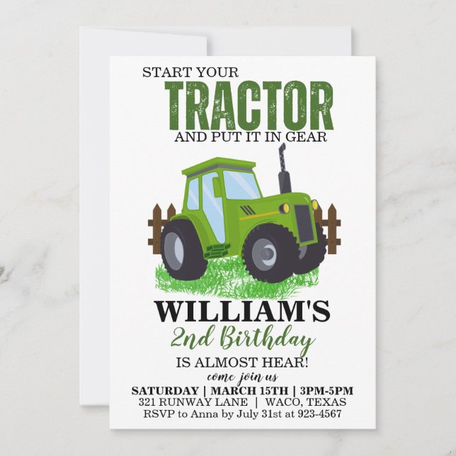 Green Tractor Birthday Party Invitation (Front)
