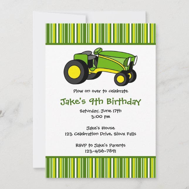 Green Tractor Birthday Party Invitations (Front)