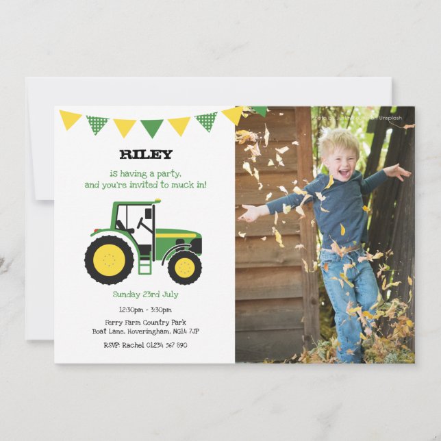 Green Tractor Birthday Party Invite With Photo (Front)