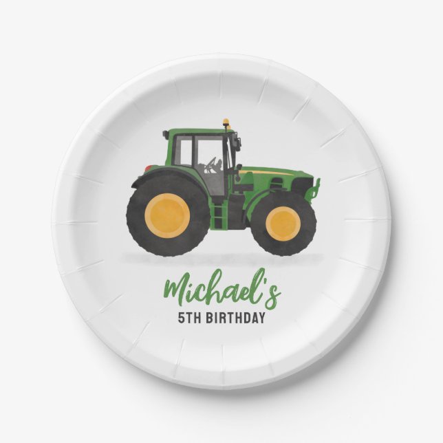 Green Tractor Birthday Party Paper Plate (Front)