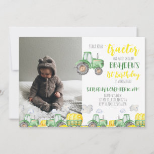 Green Tractor Birthday Photo Invitation