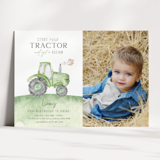 Green Tractor Birthday Photo Invitation