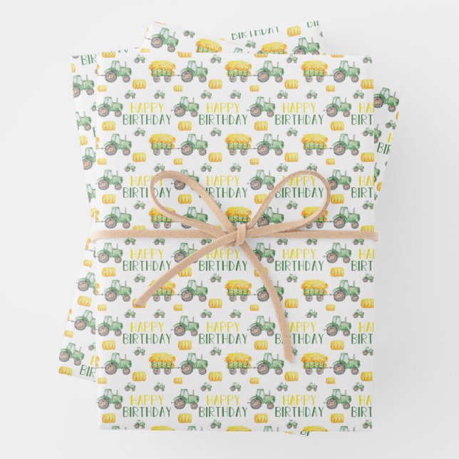 Green Tractor Birthday Wrapping Paper Sheets (In situ)