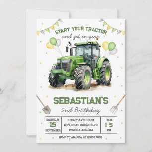 Green Tractor Boy Birthday Invitation