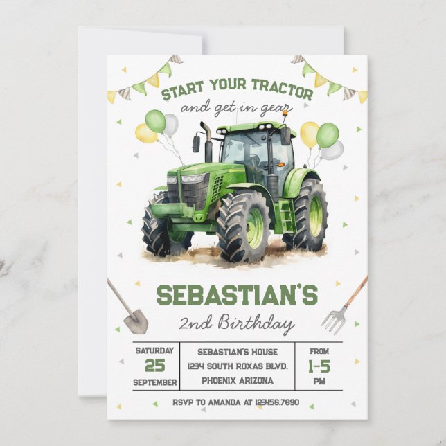 Green Tractor Boy Birthday Invitation (Front)
