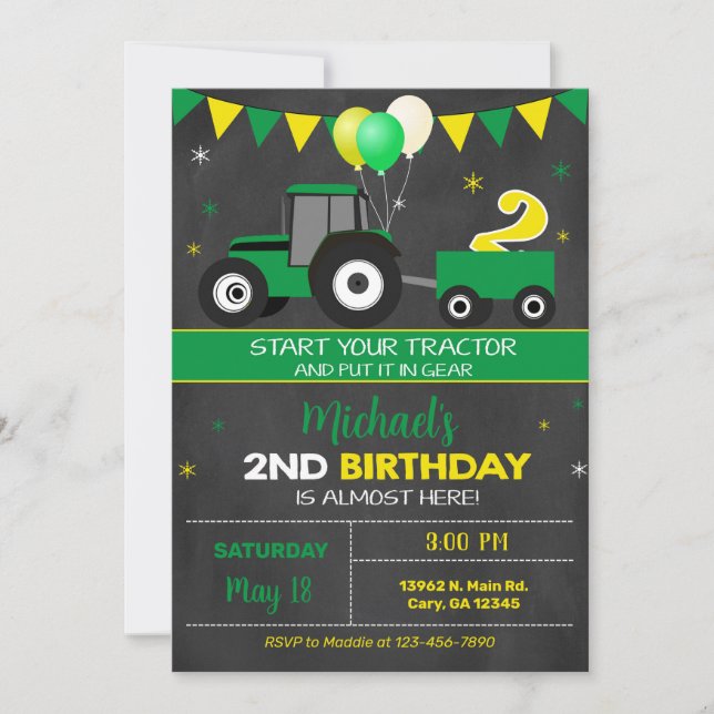 Green tractor boy's 2nd birthday invitation. invitation (Front)
