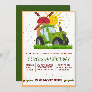 Green Tractor Boys Themed Birthday Party Invitation
