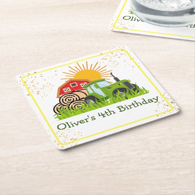Green Tractor | Boys Themed Birthday Party Square Paper Coaster (Angled)