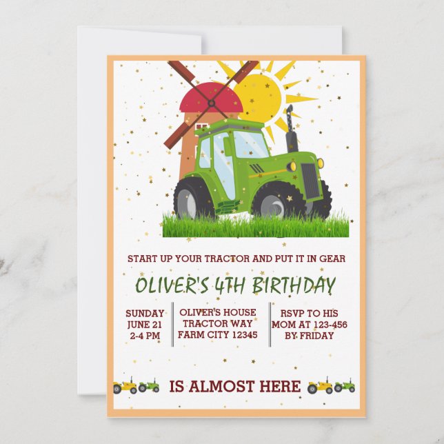 Green Tractor Boys Themed Birthday Party  Thank You Card (Front)