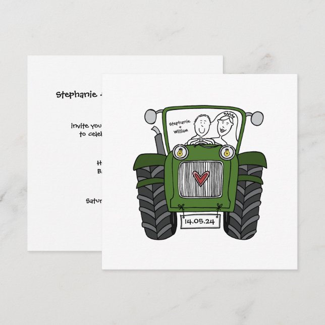 Green Tractor Country Wedding Evening Reception  Invitation (Front/Back)