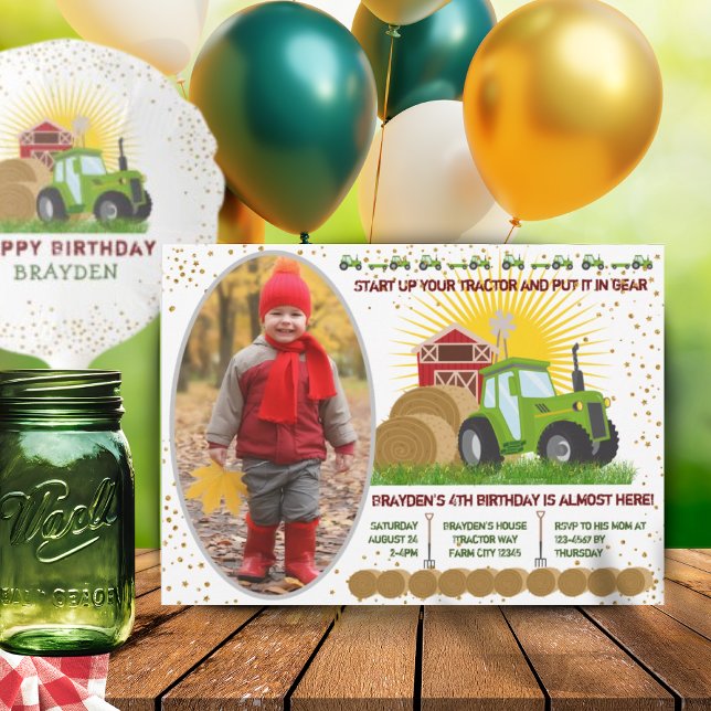 Green Tractor 🚜 Farm Barn Birthday Photo Invitation (Green Tractor 🚜 Farm Barn Birthday Photo Invitation)
