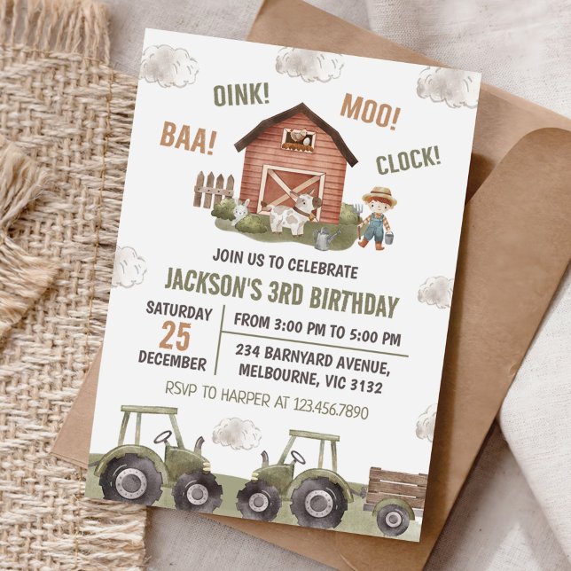 Green Tractor Farm Boy 3rd Birthday Party Invitation (Creator Uploaded)