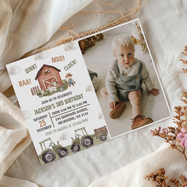 Green Tractor Farm Boy 3rd Birthday Party Photo Invitation (Creator Uploaded)