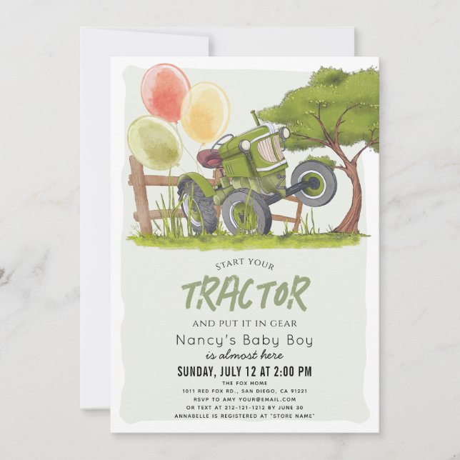 Green Tractor Farm Boy Baby Shower Invitation (Front)