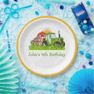 Green Tractor Farm Boys Birthday Personalised Text Paper Plate
