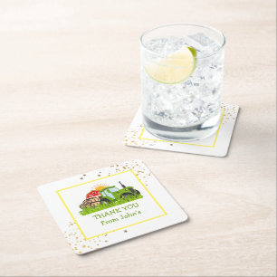 Green Tractor Farm Theme Birthday Party Decor Square Paper Coaster