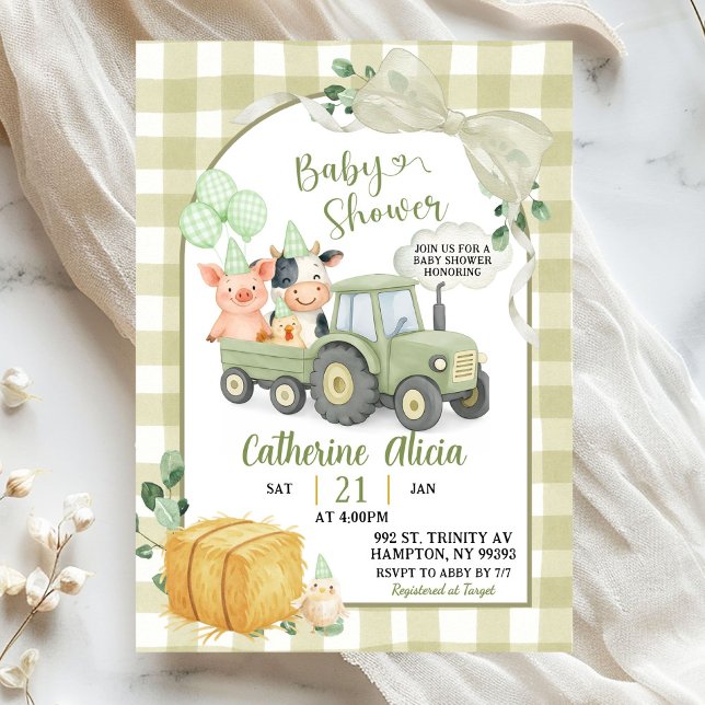 Green Tractor Gingham Coquette Farm Baby Shower Invitation (Creator Uploaded)