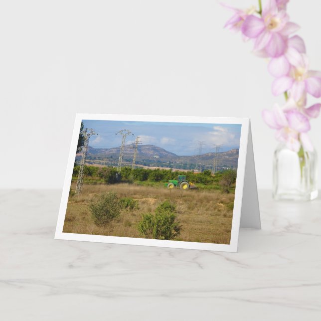 Green Tractor in Green Fields, Valencia, Spain Card (Orchid)