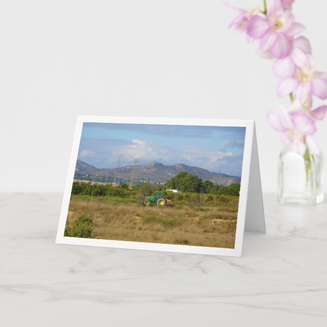 Green Tractor in Green Fields, Valencia, Spain Card (Orchid)