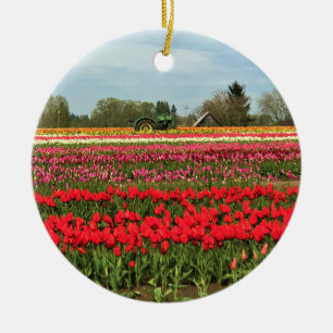 Green Tractor in Tulip Field, Oregon Ceramic Ornament