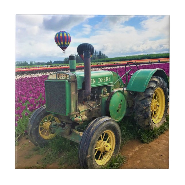Green Tractor in Tulip Field, Oregon Ceramic Tile (Front)