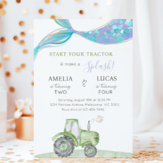 Green Tractor & Mermaid Siblings Joint Birthday Invitation