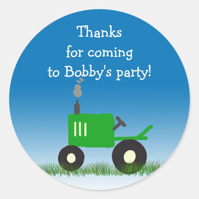 Green Tractor Party Favour Bag Sticker (Front)
