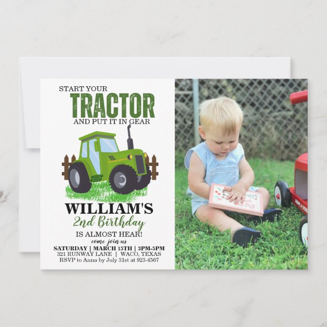 Green Tractor Photo Birthday Party Invitation (Front)