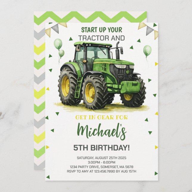 Green Tractor Theme Birthday Party Invitation (Front/Back)