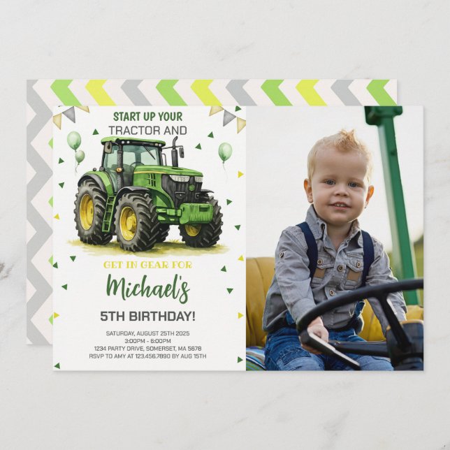 Green Tractor Theme Birthday Party Photo Invitation (Front/Back)