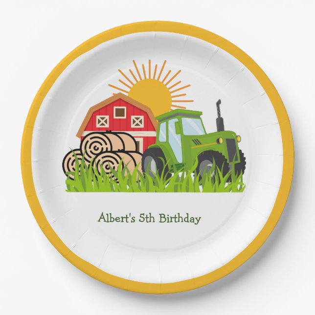 Green Tractor | Themed Birthday Party Paper Plates (Front)