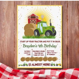 Green Tractor 🚜 Trucks Themed Birthday Party  Invitation
