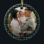 Green traditional tartan personalised christmas ceramic ornament<br><div class="desc">Christmas green tartan plaid stylish elegant holiday decor ornament. Gold effect script text. Modern traditional design.</div>