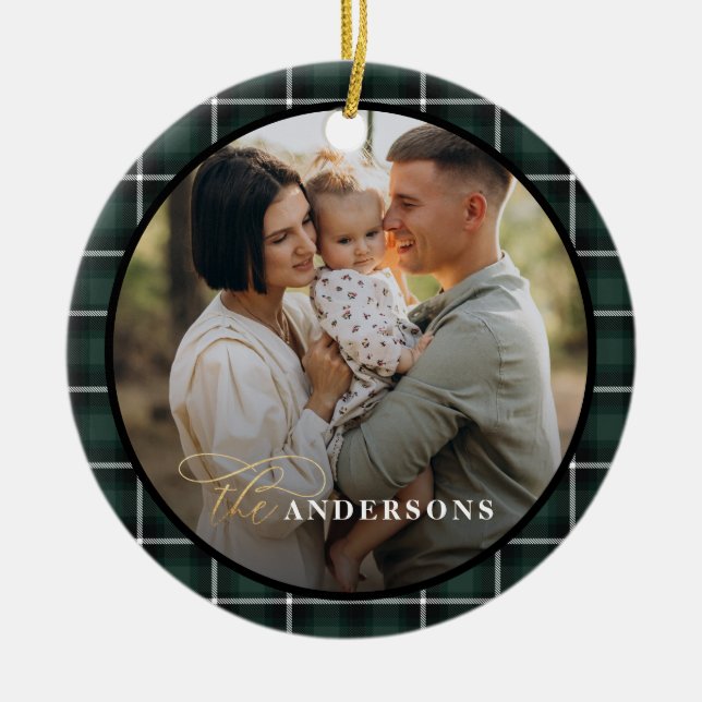 Green traditional tartan personalised christmas ceramic ornament (Front)