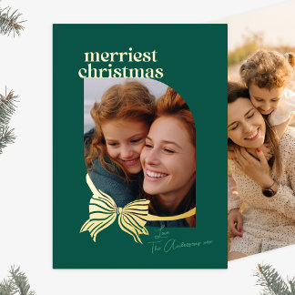 Green Traditional Tied With Gold Bow Photo Foil Holiday Card
