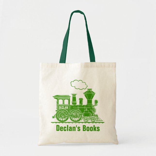 Green train kids named id library tote bag (Front)