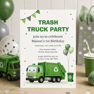 Green Trash Truck 1st Birthday Party Invitation