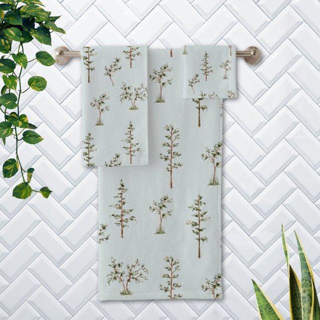 Green Tree Forest Pattern Bath Towel Set (In situ Bathroom wall)