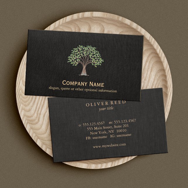 Green Tree Logo Nature Black Faux Linen Business Card (Creator Uploaded)