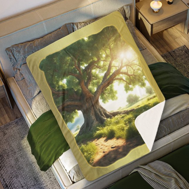 Green Tree Nature Sherpa Blanket (Sherpa blanket with a summer image of an old tree with sun filtering through the leaves)