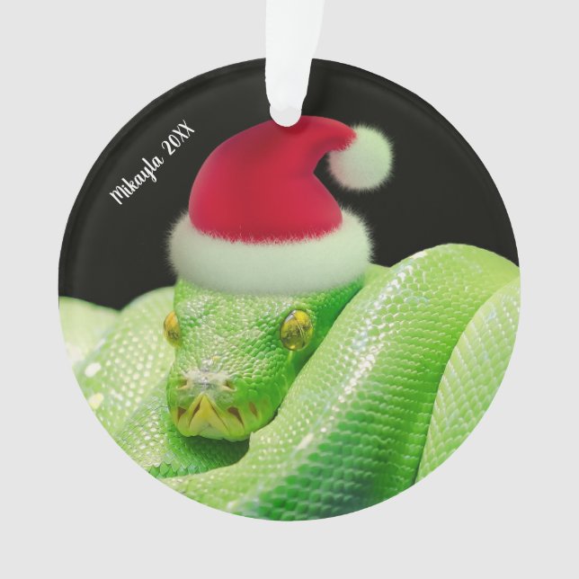 Green Tree Snake in Santa Hat Ornament (Front)