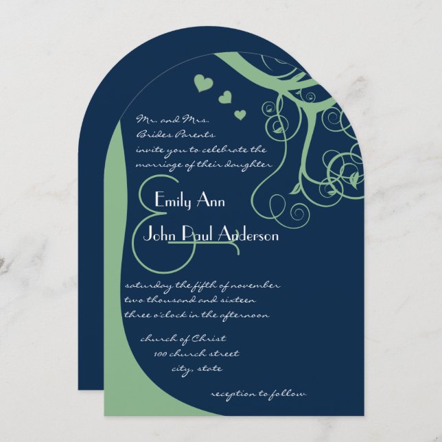 Green Tree Swirls on Lapis Blue Wedding Invitation (Front/Back)