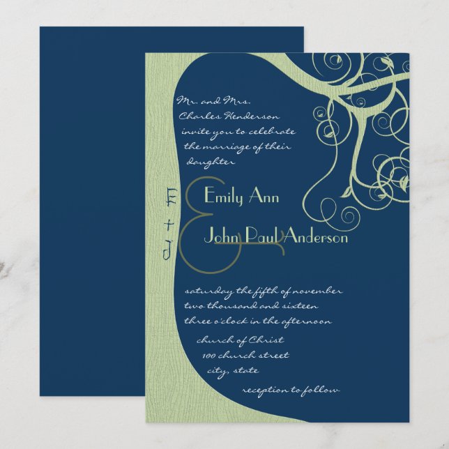Green Tree Swirls on Midnight  Wedding Invitation (Front/Back)