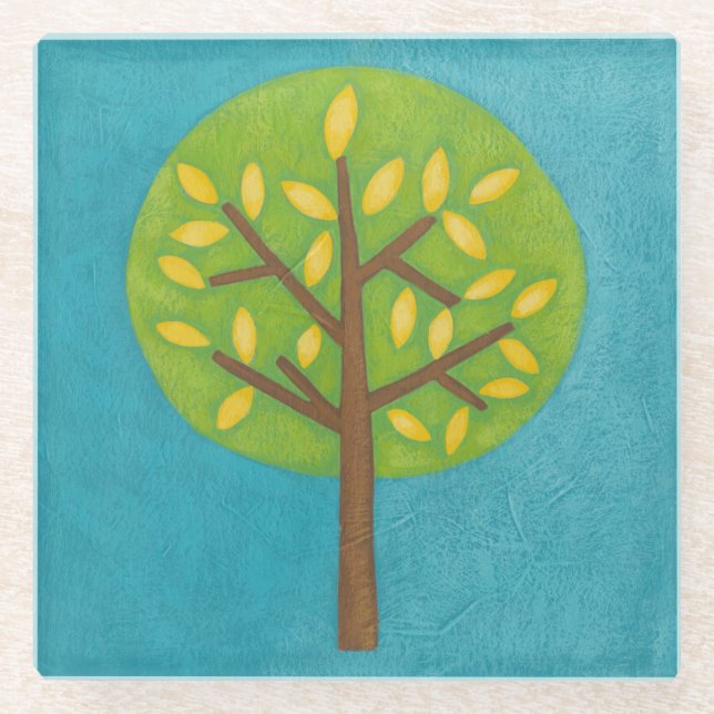 Green Tree with Yellow Leaves by Chariklia Zarris Glass Coaster (Front)