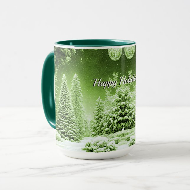 Green Trees Christmas Balls Holiday Mug (Front Left)