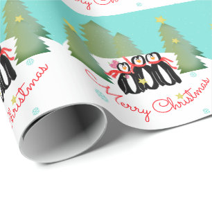 Green Trees Gold Stars and Penguins Wrapping Paper