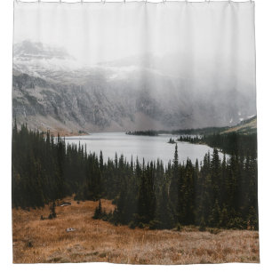 GREEN TREES NEAR CALM BODY OF WATER SHOWER CURTAIN
