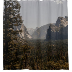 GREEN TREES NEAR MOUNTAIN DURING DAYTIME SHOWER CURTAIN