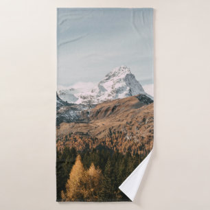 GREEN TREES NEAR SNOW COVERED MOUNTAIN DURING DAYT BATH TOWEL